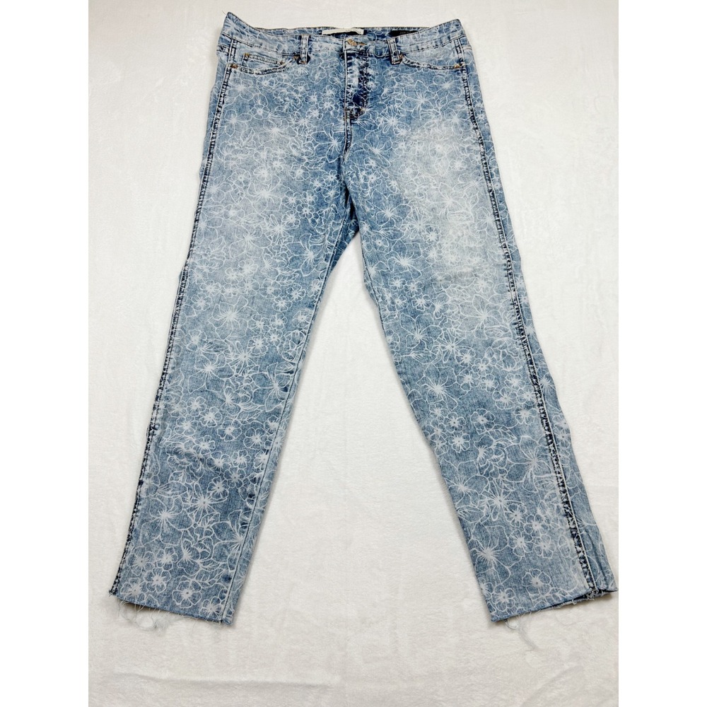 Ella Moss Super High Skinny Crop Floral Jeans Blue White Print Raw Hem Size 30